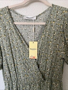 ManydressSage Floral Midi  Dress -Sz L Boho